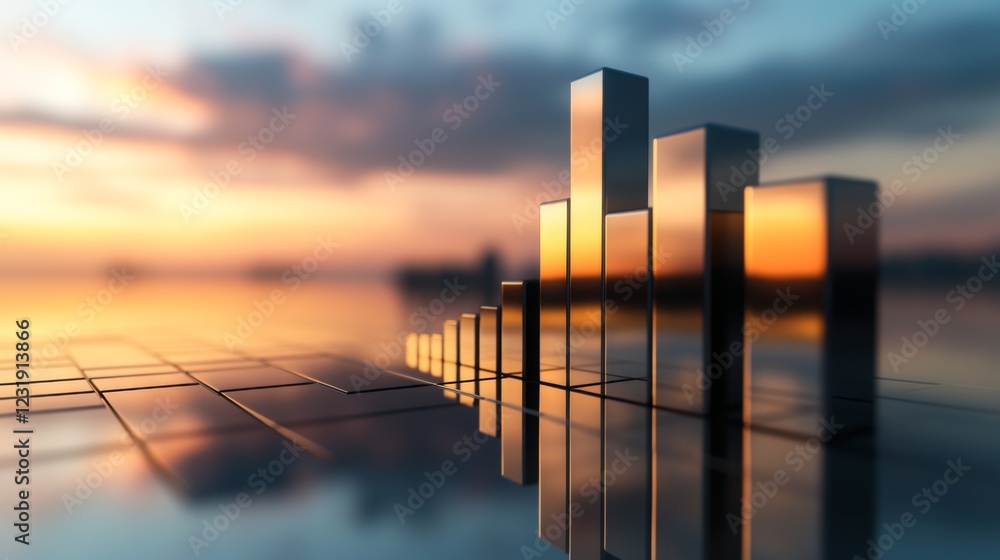 Leinwandbilder A D stacked bar chart with metallic bars in ascending order, placed on a reflective surface, highlighting financial progress in a clean, minimalist design