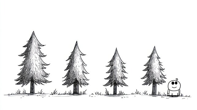 A small cartoon person stands in front of four pine trees of decreasing size.