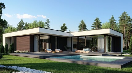 Modern Single-Story House with Pool and Lush Greenery