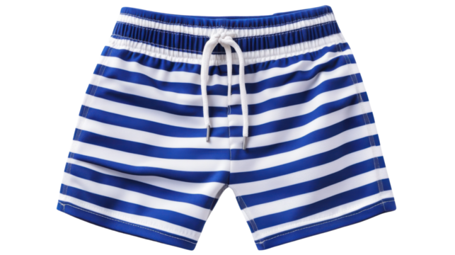 Blue and white striped swim shorts isolated on transparent background