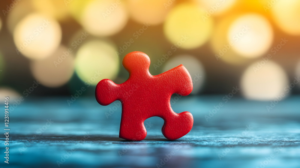 Poster red puzzle piece on table, bokeh background, problem solving