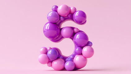 3D-rendered pink and purple number 5 made of spheres on a light background in Cinema4D style