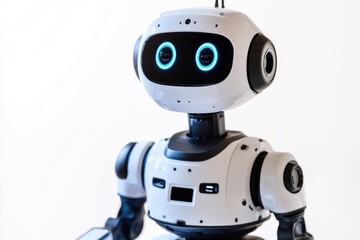 A lone white robot sitting on a table, ideal for sci-fi or futuristic concepts