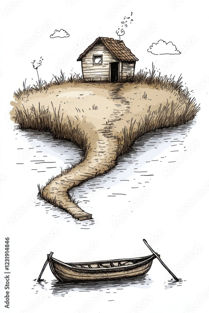 Aufkleber A small house on a floating island with a path leading to a boat below.