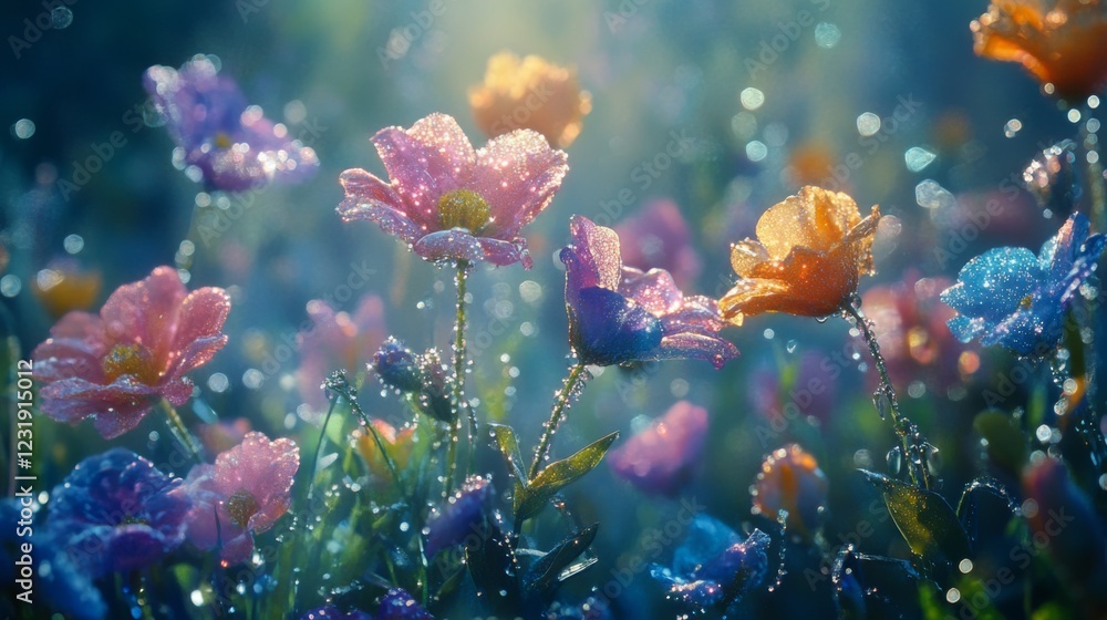 Poster a beautiful flower garden with various blossoms covered in dew drops, creating a sparkling effect ac