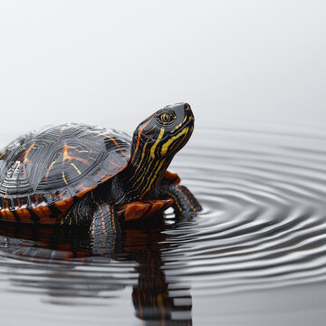 Painted turtle in calm water, ripples spreading.