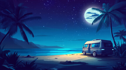 Camper van standing on sea beach with palm trees, sand shore, calm water and stones at night under starry sky and moon light. Cartoon vector dark dusk ocean landscape with motorhome during trip.