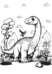 Happy Brachiosaurus Coloring Page - Dinosaur with Pterosaur in Prehistoric Landscape