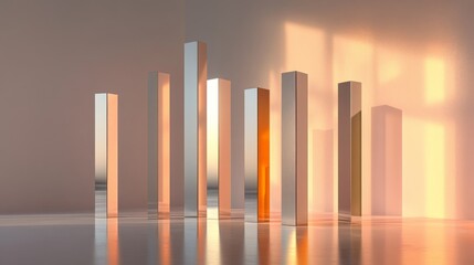 Obraz premium A clean, minimalist D bar chart with sleek, glossy bars in different heights, each representing financial growth over time, set against a neutral backdrop
