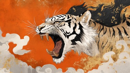 Tiger head with golden eyes, white and gold fur, and red stripes, surrounded by smoke clouds in a Japanese tattoo art style, capturing the fierce beauty of the tiger in traditional ink and color art