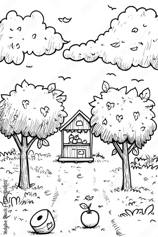 Poster a small wooden stand with a red roof in a field with two trees and a fallen apple.