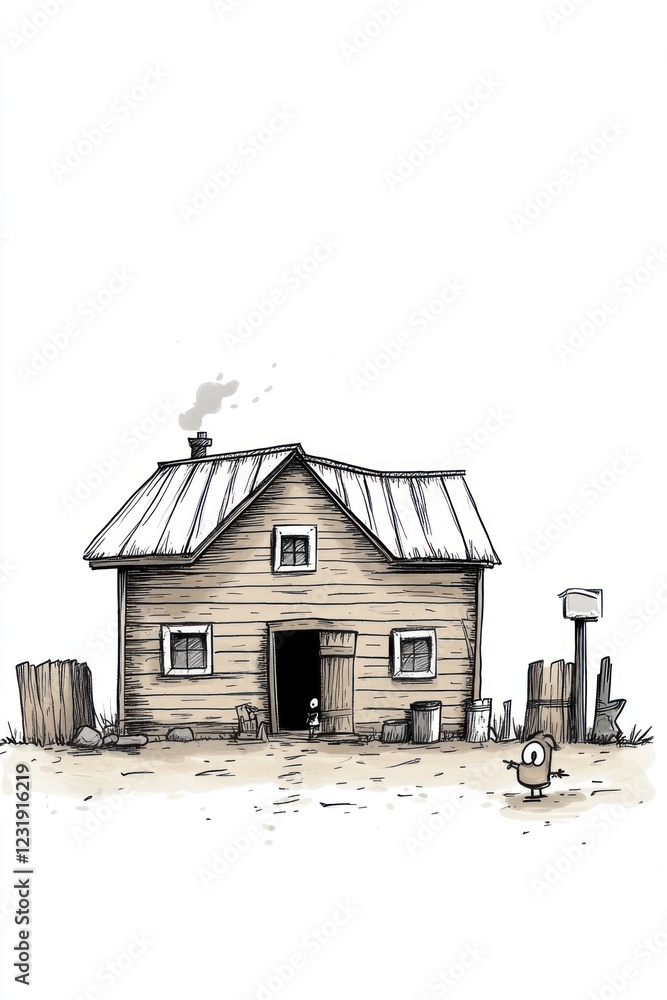 Poster a small, rustic house with an open door and a little bird standing in front of it.