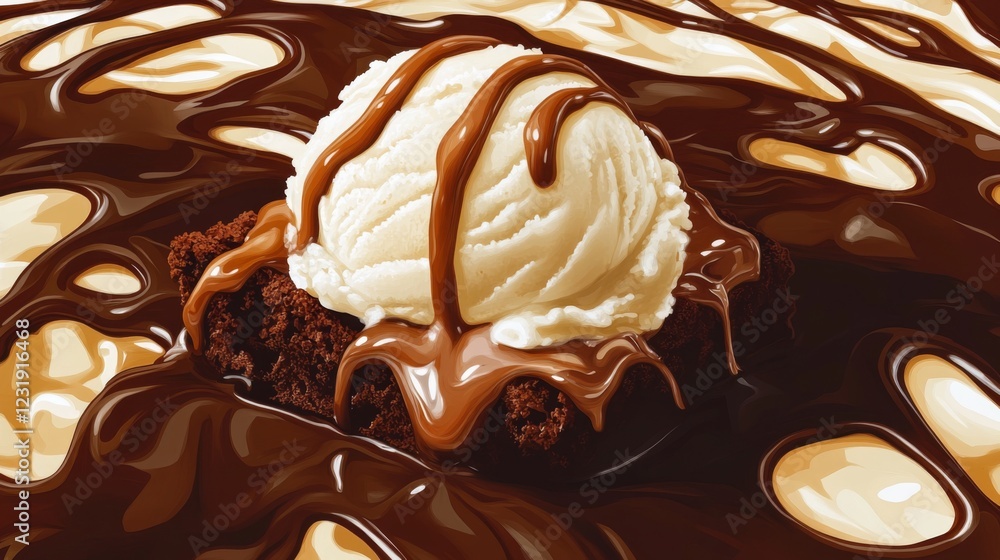 Poster a close-up of a chocolate brownie topped with a scoop of vanilla ice cream and drizzled with chocola