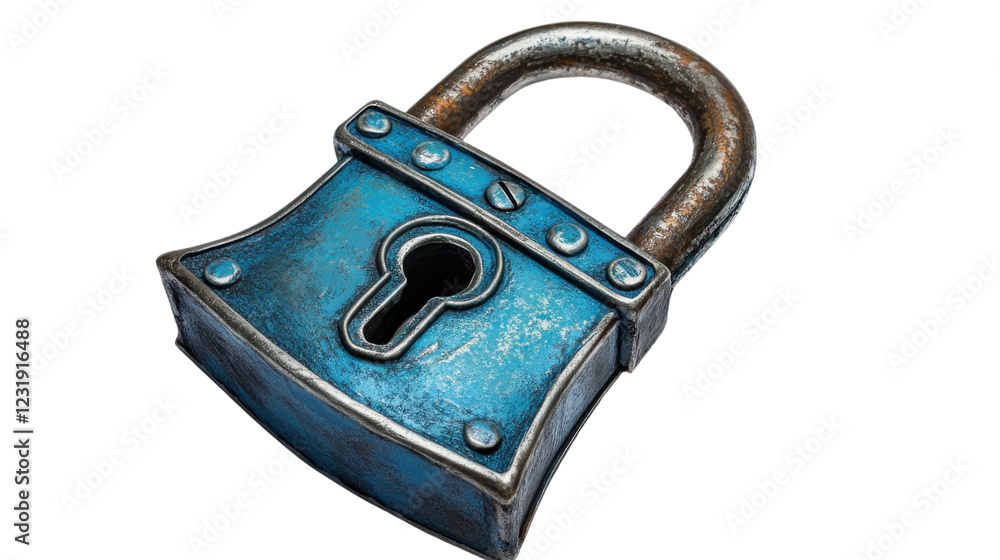 Poster old rusty blue padlock securing important data with transparent background