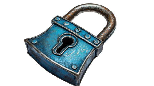 Old rusty blue padlock securing important data with transparent background