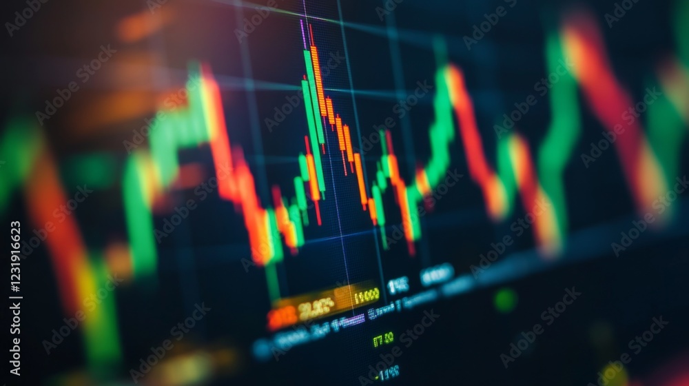 Fototapete a close-up of a computer screen showing a live stock market graph with green and red candlesticks, i