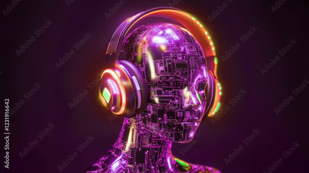 Poster humanoid robot with colorful circuit board patterns and headphones showcasing advanced technology in