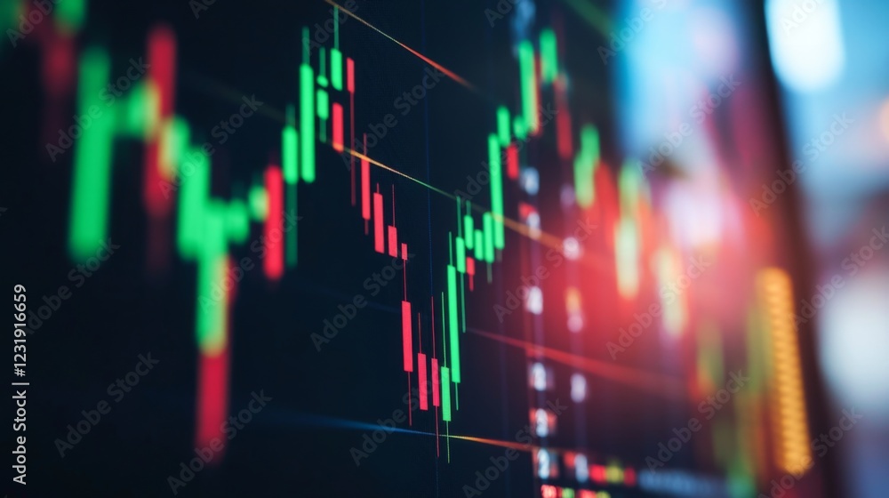 Aufkleber a close-up of a computer screen showing a live stock market graph with green and red candlesticks, i