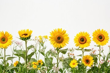 Fototapeta premium A group of bright yellow sunflowers growing in a lush green field, perfect for agricultural or garden-themed projects