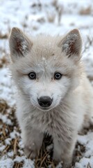 Obraz premium HD Phone Wallpaper Adorable Arctic Wolf Pup in Snowy Winter Landscape Close Up Portrait