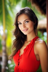 Fototapeta premium A young woman with long wavy brown hair and striking blue eyes smiles gently while wearing a red dress. She stands in a tropical resort setting with lush green palm leaves