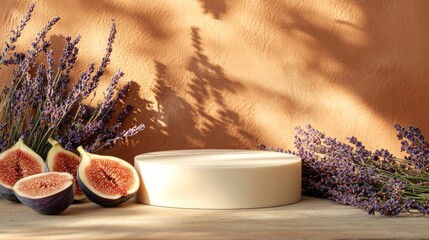 A pristine matte ivory podium elegantly showcases fresh figs and fragrant lavender, illuminated by soft, warm light