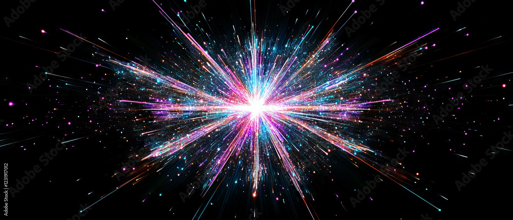 Poster dynamic geometric spark patterns with a central clear area on a black background