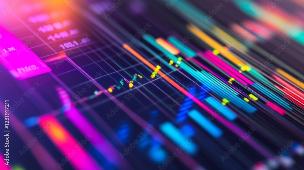 Poster a close-up of a financial graph with colorful bar charts and line graphs, with an emphasis on data v