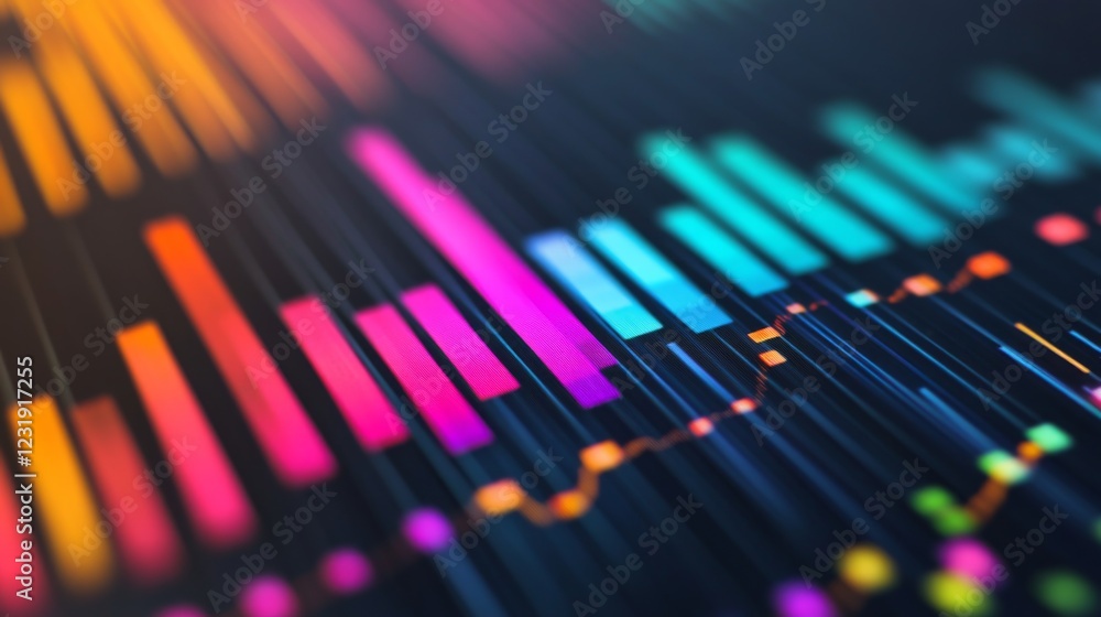Poster a close-up of a financial graph with colorful bar charts and line graphs, with an emphasis on data v