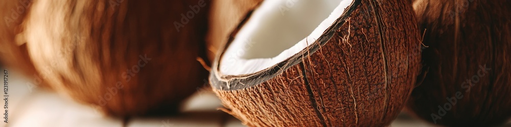Poster group of coconuts arranged on a wooden surface, ready for use or display
