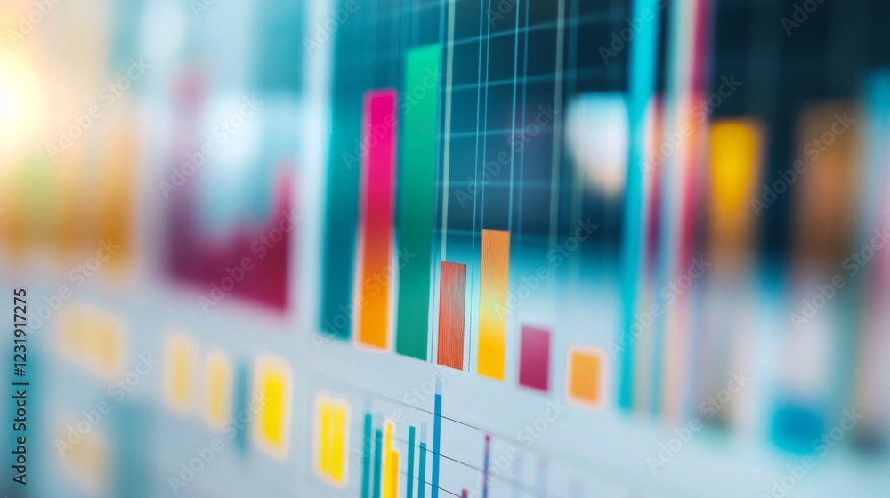 Poster a close-up of a financial graph with colorful bar charts and line graphs, with an emphasis on data v