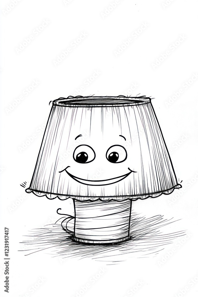 Poster a smiling lampshade made of thread spools and a happy face.