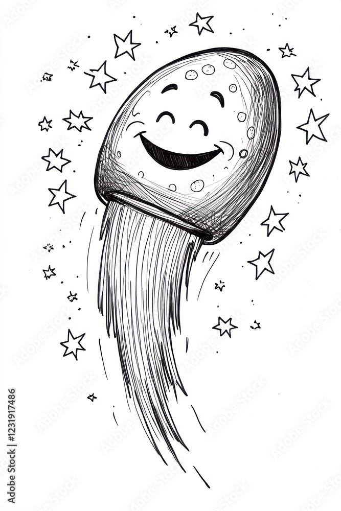 Poster a smiling moon-like character with a face and craters shooting through space with a star trail.