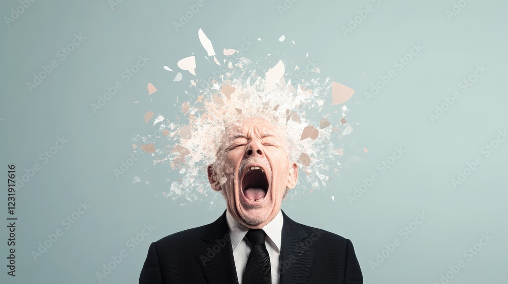 Poster Senior businessman exploding head shouting and screaming with exploding pieces on light blue background representing stress, frustration, anger, and mental health issues