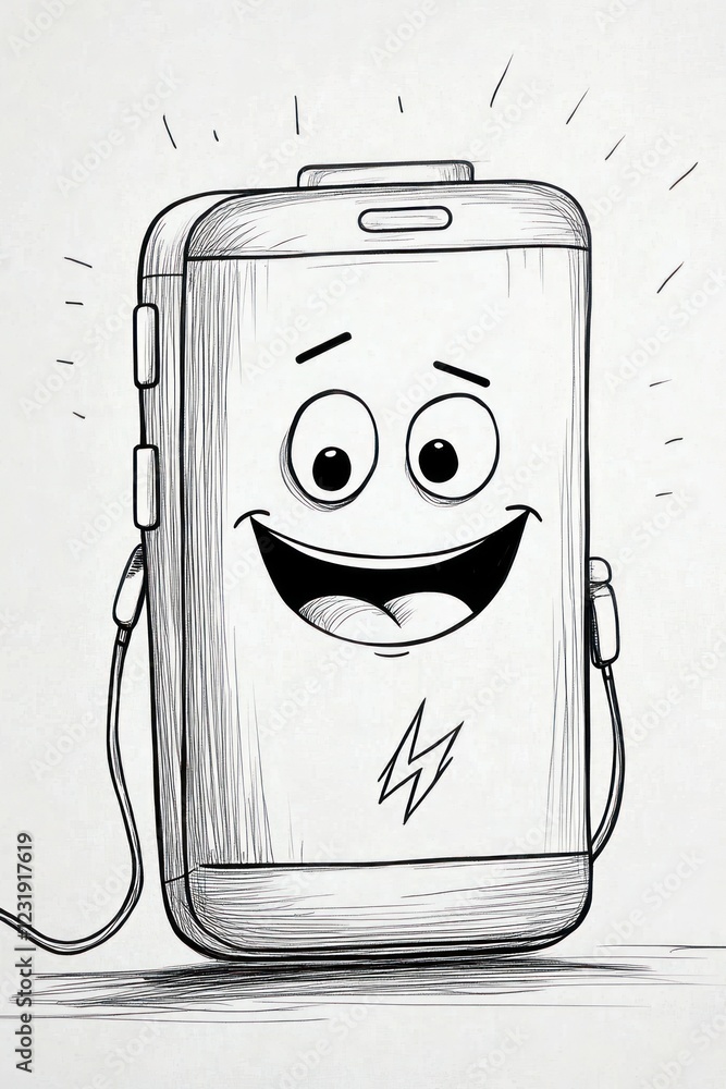Poster a smiling phone with a lightning bolt on its front is plugged into a charger and appears happy.
