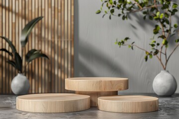Multi-tiered wooden pedestal podiums in a natural setting with a textured gray wall, wooden slat paneling, and green plants in ceramic vases. Ideal for product display