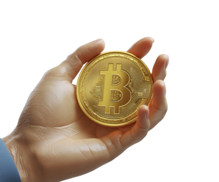 a hand holding a gold coin with a dollar sign on a white background