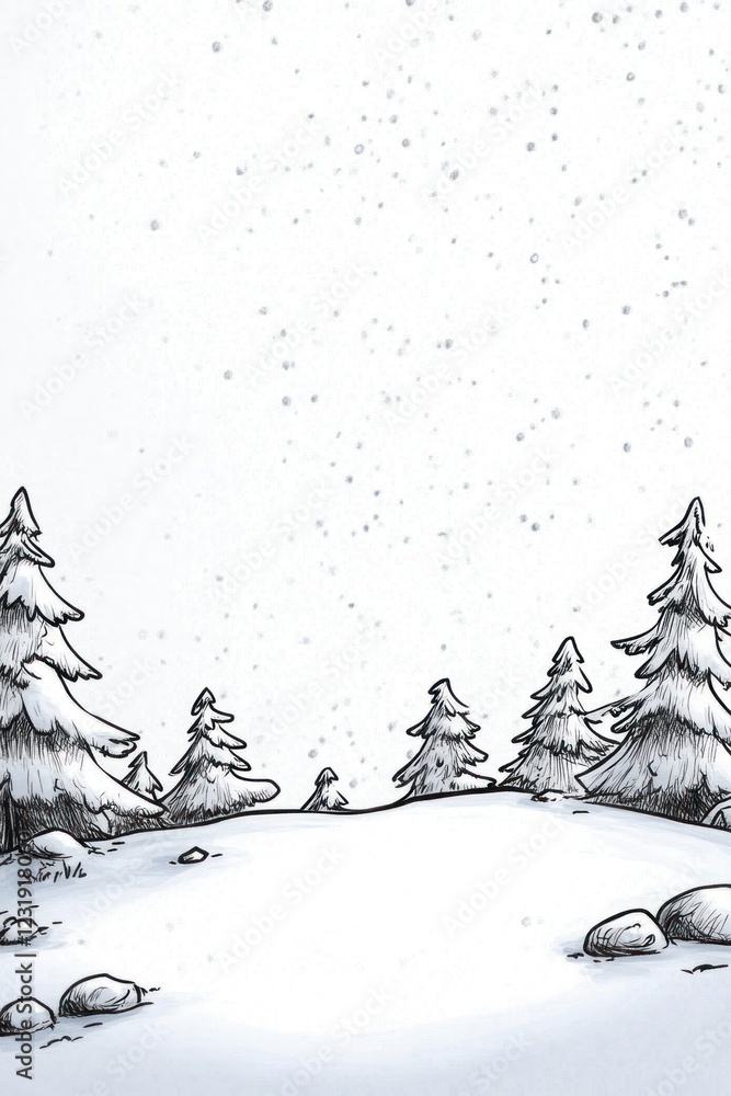 Poster a snowy landscape with a row of evergreen trees in the foreground and falling snow in the background