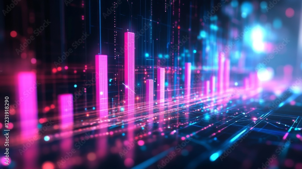 Leinwandbilder a close-up of a futuristic d bar graph with glowing neon bars, rising upward in a dynamic digital en
