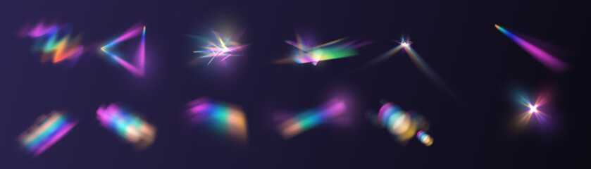 Crystal rays of light, prism refraction, lens flare, crystal glass reflection effect. Prism vector, realistic light leak effect with spectral flare. Bright light banner, poster, template.