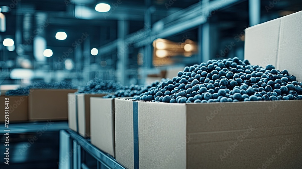 Poster bulk blueberries are processed in a warehouse setting during daytime hours in a busy distribution fa