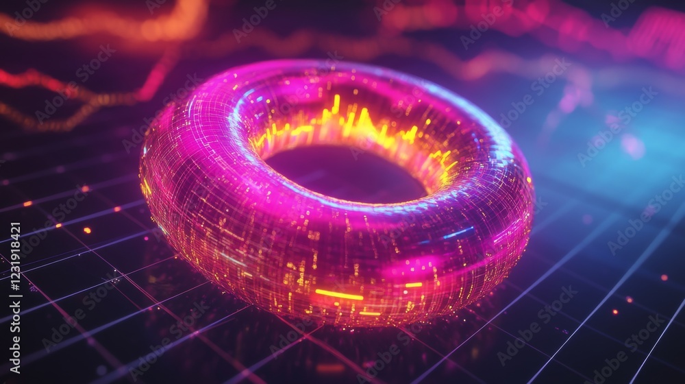 Poster a close-up of a futuristic d donut chart with segmented, glowing parts, floating above a digital gri