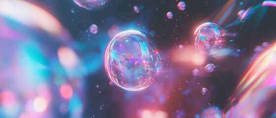 Large bubble reflecting light and showcasing rainbow hues against a dark backdrop