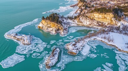 Winter ice formations and scenic cliffs lake huron aerial view nature landscape frozen environment