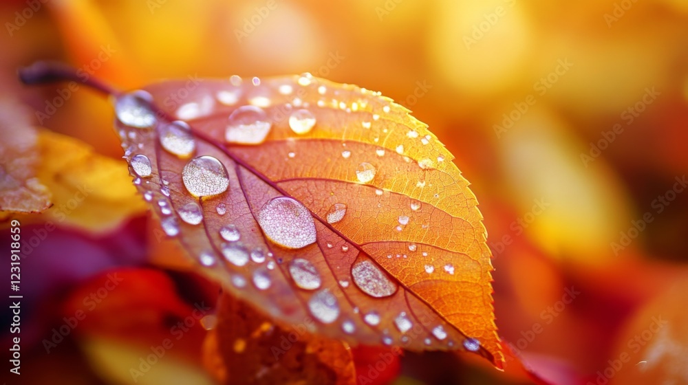 Poster a close-up of a leaf with dew drops on a colorful autumn background, highlighting the contrast betwe