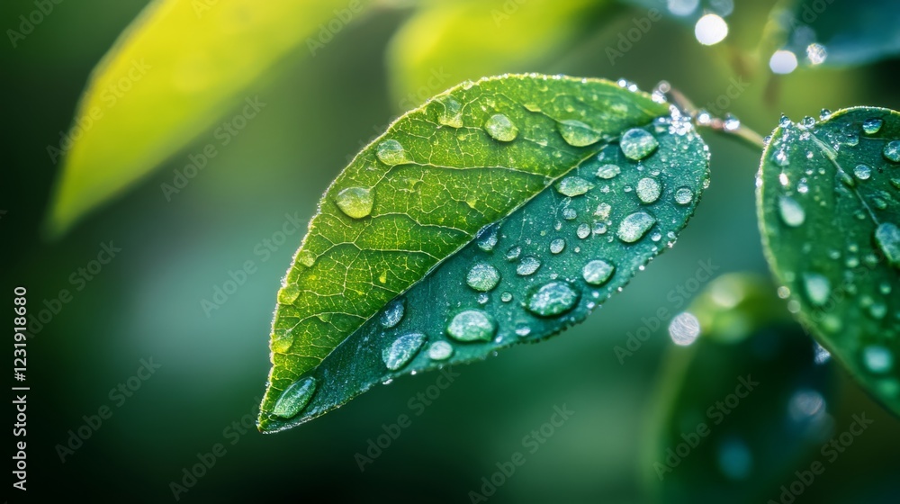 Aufkleber A close-up of a leaf with dew drops captured in soft morning light, with the droplets reflecting the surrounding environment and adding depth to the image.