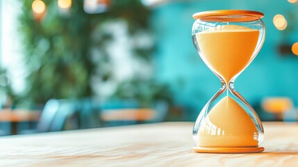Hourglass on Wooden Table Sand Timer Time Management Concept for Business Deadline or Passing Time
