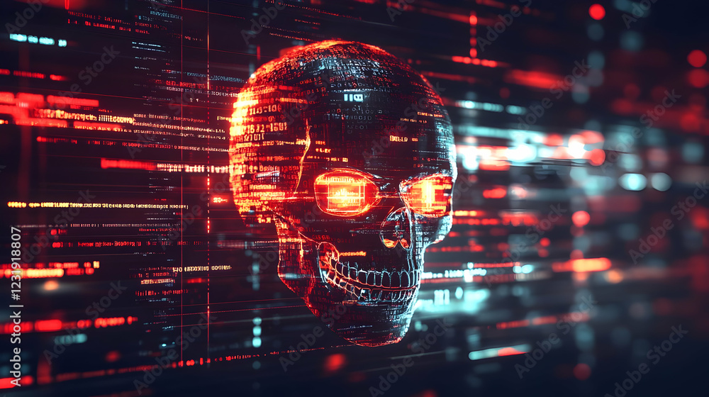 Poster digital skull in cyber data stream