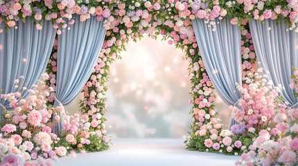 Romantic floral backdrop with arch, drapes, and soft lighting. Ideal for photography studio props, Valentine's Day, or wedding settings, creating a dreamy atmosphere.

