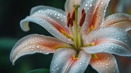 Fototapeta premium A close-up of a lily with dew drops on its petals, the water droplets enhancing the flower's natural beauty and intricate details.
